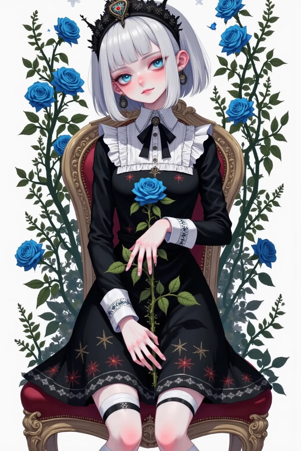  masterpiece, high quality, 1 Girl,   Solo Girl  , Silver Hair, Blue Eyes, Sharp Eyes, Straight Hair, ( short hair), ((shoulder length hair)), a black dress,  ruffle,  long sleeve, holding A blue rose, A blue rose, (with A blue rose in one hand),  sitting ...