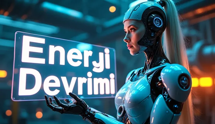 "A futuristic female robot, captured from the chest up, holding a large sci-fi style sign that reads 'Enerji Devrimi. The sign is nearly half the size of the image, with a neon, holographic appearance. The text on the sign looks like plasma, glowing with a...