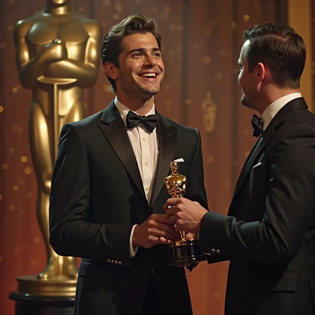 Zac Efron holding an Oscar, but in a moment of confusion, he accidentally gives his award to the wrong person on stage, his face filled with disbelief as he watches.