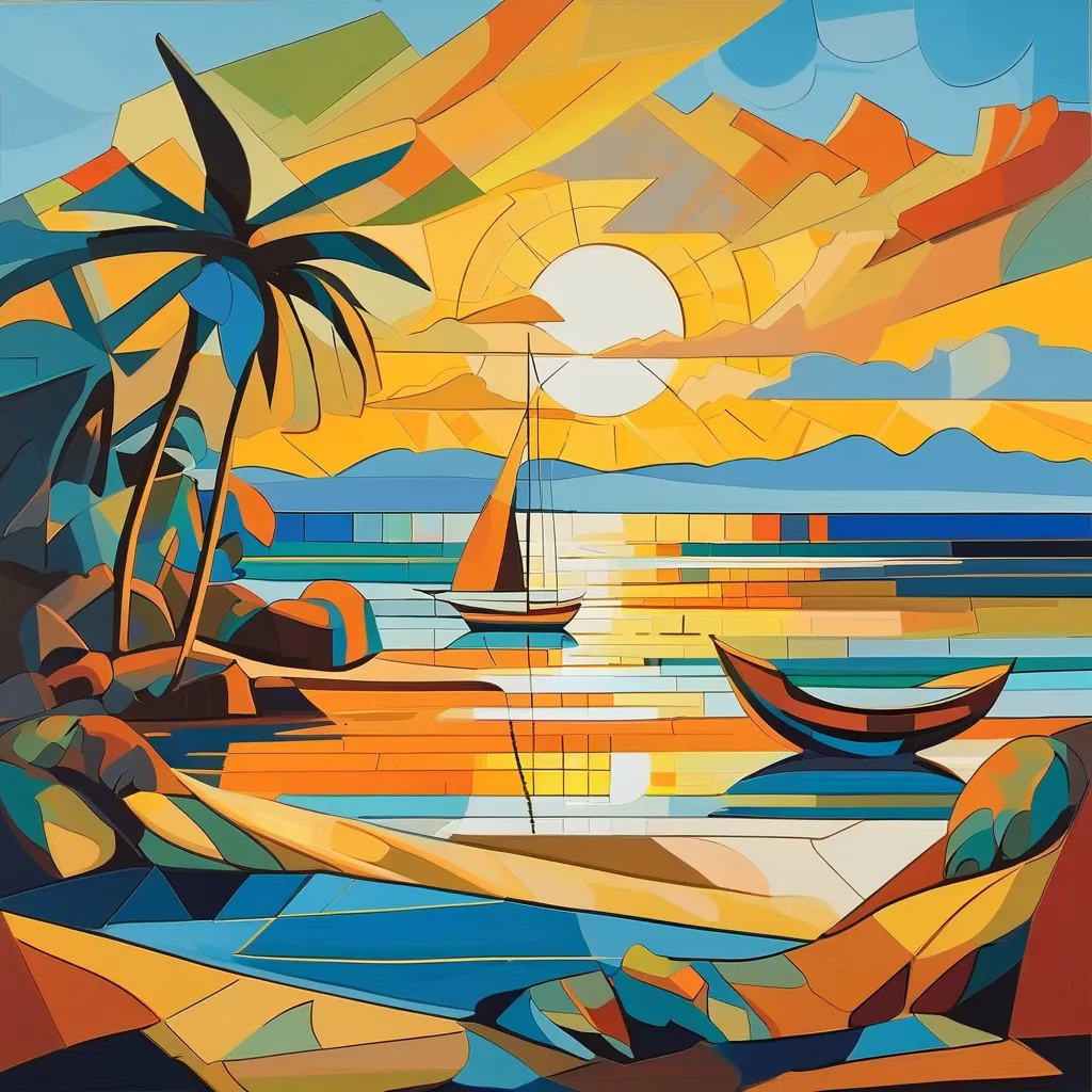 cubism painting, blue coast, coast, yachts, boat, sun, tides, clouds, tropical blue coast