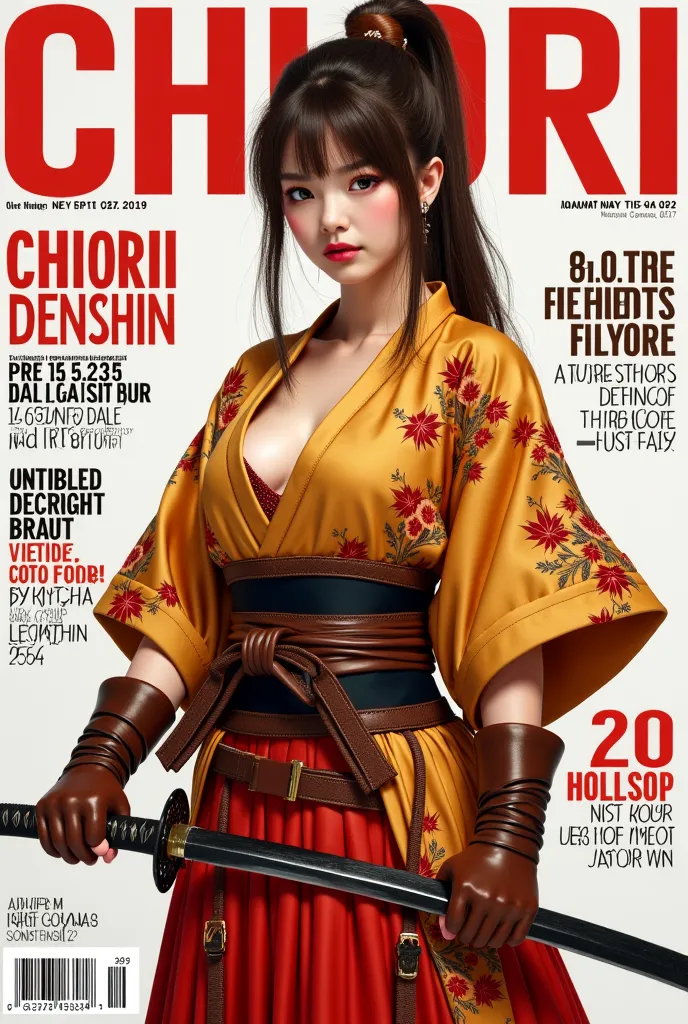 Create the cover of a fashion magazine with Chiori de Genshinimpact real woman hyperrealist Hyperrealism as the protagonist of the cover and with background texts as if it were a real magazine.  outfit.  hyperrealism. live action magazine. big breasts. Bro...