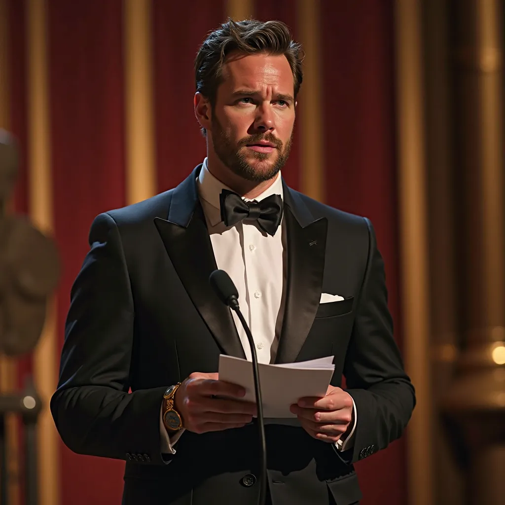 Chris Pratt at the podium for his Oscar speech but misplacing his script, fumbling through the pages with a look of utter confusion while trying to get his speech back on track.