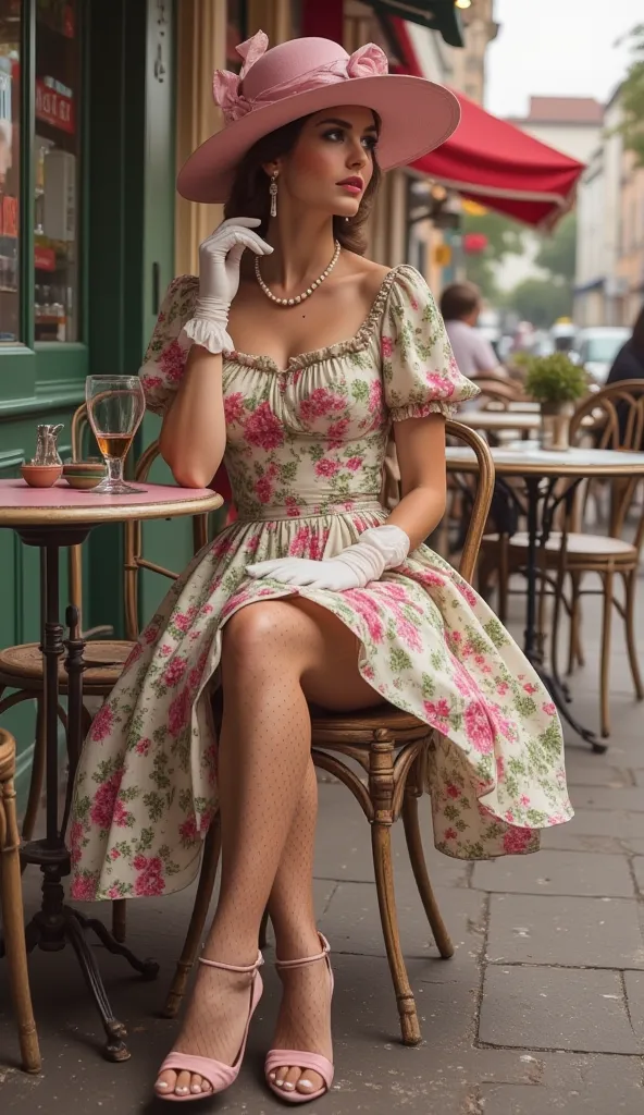 A fashionable woman sits elegantly at a café, wearing a vintage floral dress with puffed sleeves and a ruffled hem. She accessorizes with a large pink hat adorned with a scarf, pearl earrings, and gloves. Her legs are crossed, showcasing fishnet stockings ...