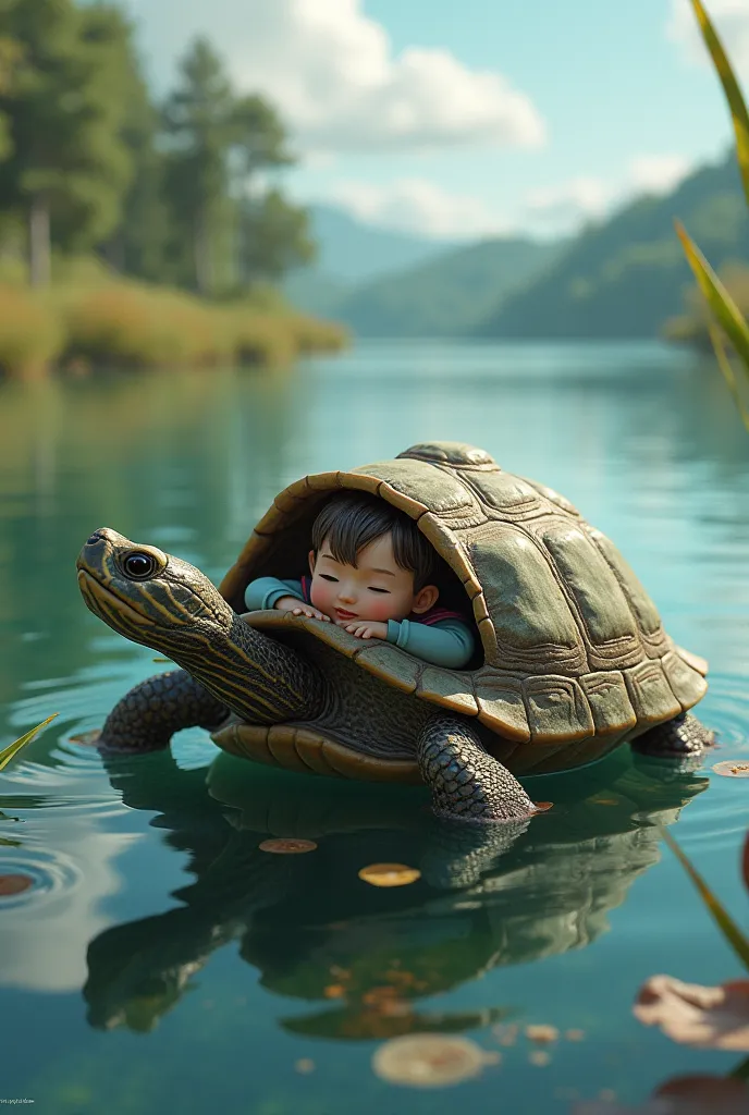 Turtle exploring lakes with a human in its shell