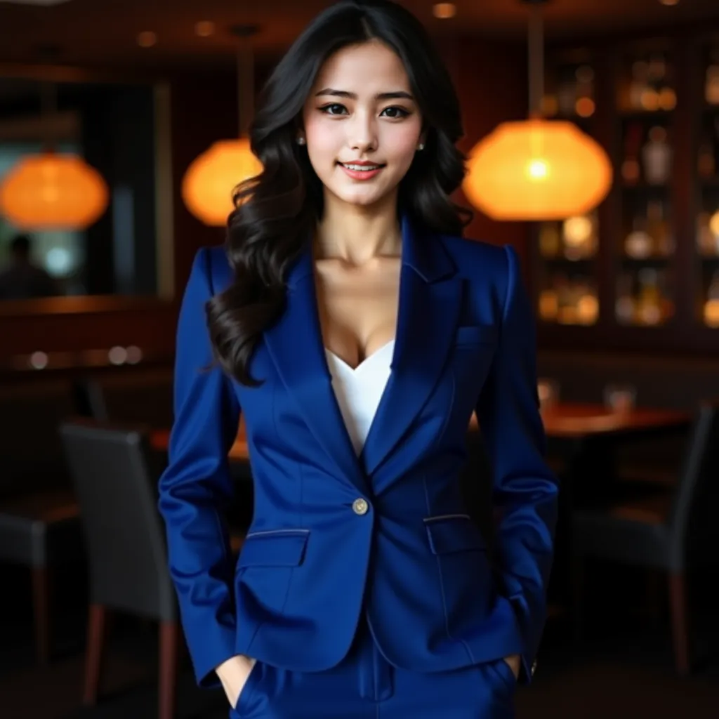 Photo, Full-Body frontal shot of a Thai beauty queen, A Deep blue Women's tuxedo suits, A big-breasted woman, busty-woman, White see-through Women's shirt, naturally beautiful woman, no makeup, Sexy suit Skirt, no accessories,  The dark and blurry backdrop...