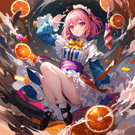 1girl, solo, pink hair, bob hair, bangs between eyes,Alice in Wonderland-like clothes, jumping, orange background, lots of floating candy objects