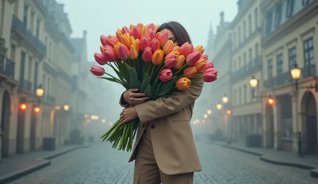 A full-body portrait of a stylish woman standing upright in the middle of a foggy European city. She is dressed in a dark beige oversized men's-style blazer with structured shoulders and long, wide-leg trousers that elegantly drape over her high heels. The...