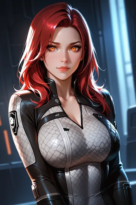 miranda lawson, mass effect, shoulder-length red hair, red hair, orange eyes