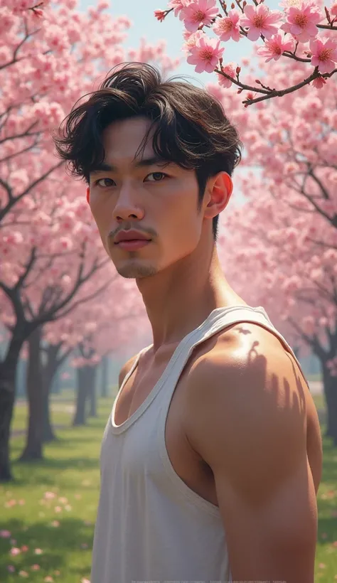 ((photorealism:1.2),  very Handsome japanese man, 22-27 year-old, he is now in Japan, the background with many sakura trees, Spring time, outfit is causel wear or tank top