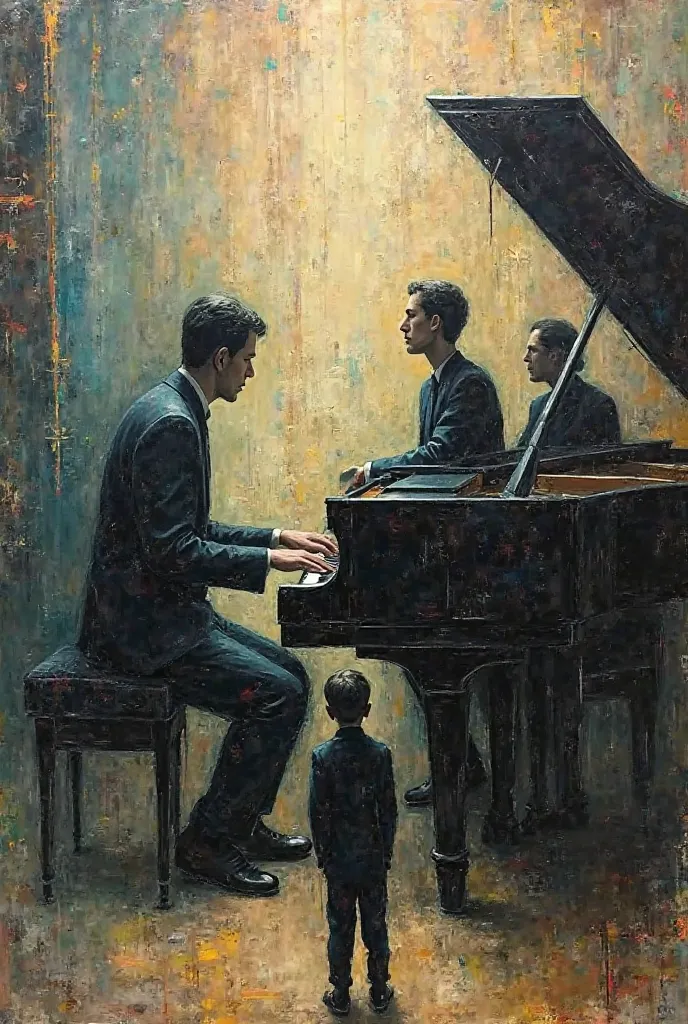 An abstract painting that involves people playing the piano and you are sitting alone watch them 