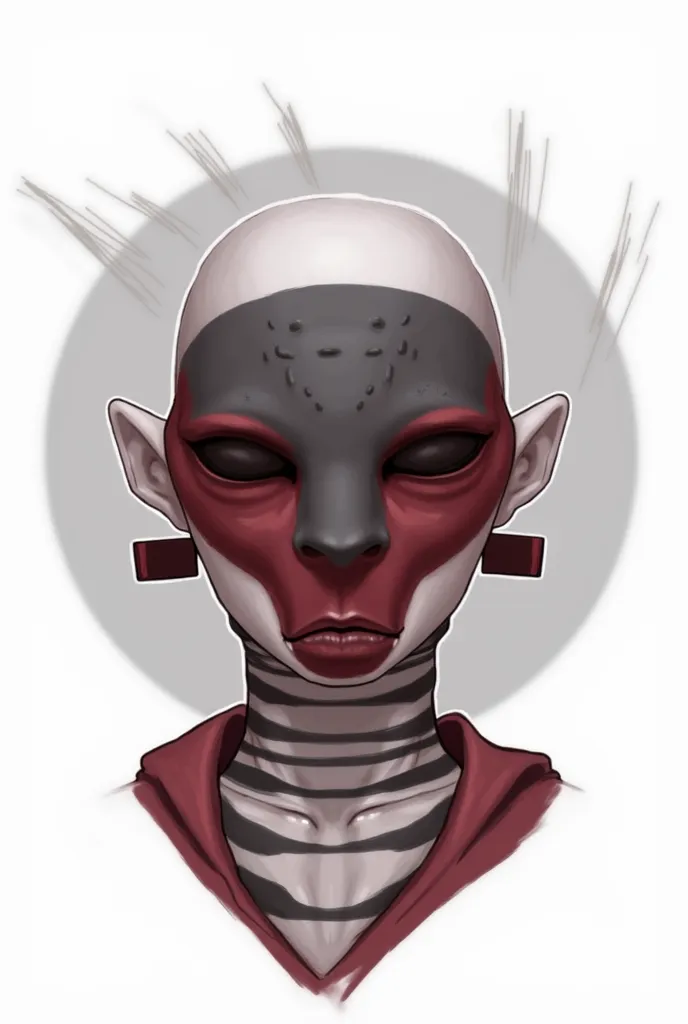 a stylized digital illustration of an alien or humanoid character with a futuristic or tribal aesthetic. The character has a dark red, mask-like face with deep-set eyes, a flat nose, and slightly open lips. The head is partially white, with a smooth, bald ...