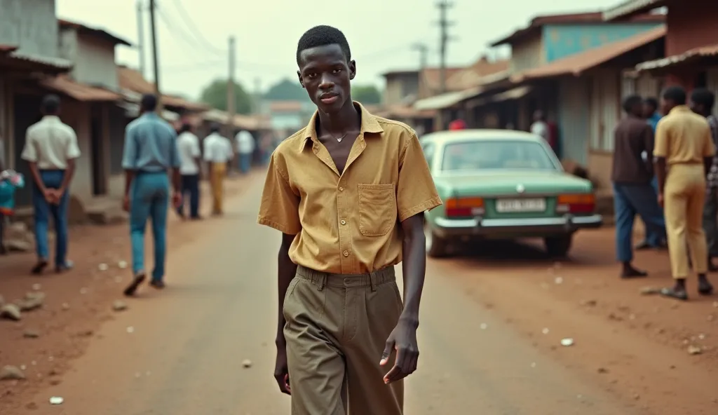 An 18-year-old African man has short hair wearing 80s clothes shirt and bellbottoms trousers moves effortlessly through the lively streets of Shauri Moyo, Nairobi, in the 1980s, blending seamlessly with the local crowd. His  youthful face, and his sharp ey...