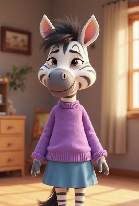 

"Cartoon mother zebra character from the TV series Zou. She is a gentle, caring adult zebra with a light grey and white striped coat. She wears a purple sweater, a blue skirt, and has a calm, loving expression. Her hair is short and black. The character ...