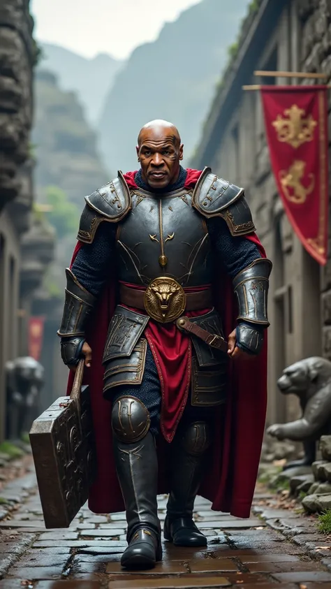 Mike Tyson reimagined as a knight walking and holding a war hammer､dramatic atmosphere, 1 male､ 

He has a powerful build with broad shoulders, a strong jawline, and intense dark eyes that radiate strength and determination. His short, neatly cropped hair ...