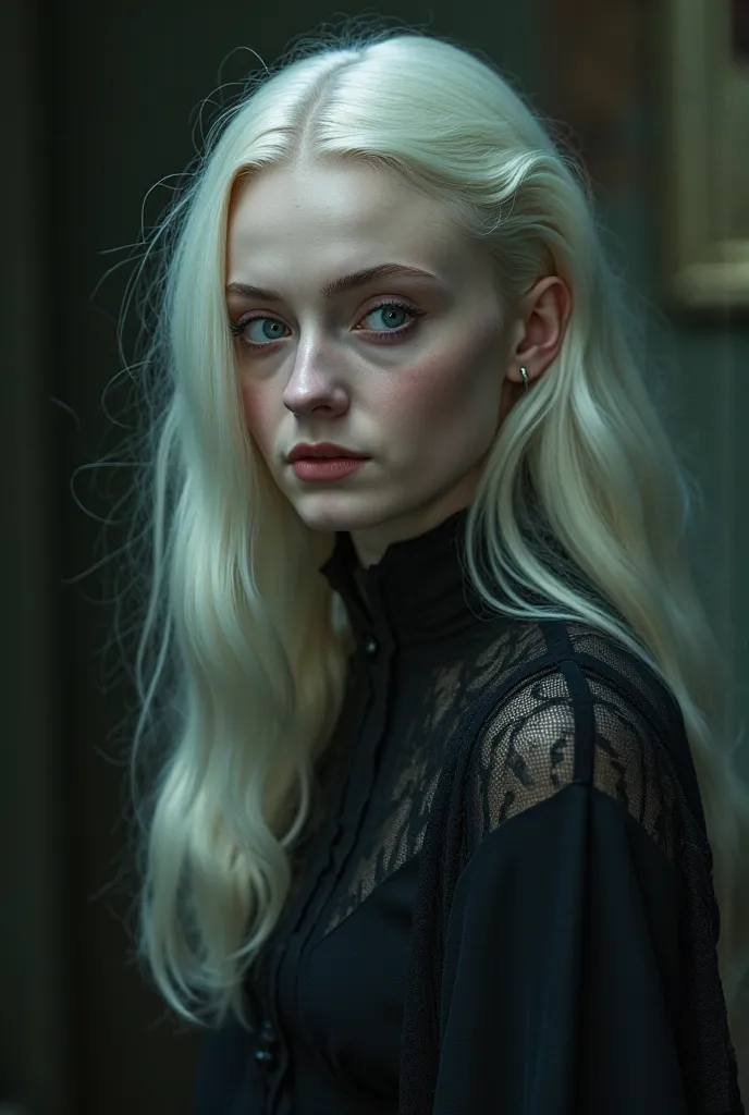 Sophie Turner as a Miskatonic University Student. 1 Girl. Cryptic Transfer Student. Pale and ethereal, with stark white hair and eyes that almost seem to glow in the dark. She dresses in flowing, old-fashioned clothing that seems out of time. Soft-spoken a...