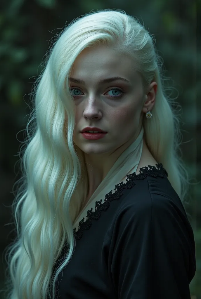 Sophie Turner as a Miskatonic University Student. 1 Girl. Cryptic Transfer Student. Pale and ethereal, with stark white hair and eyes that almost seem to glow in the dark. She dresses in flowing, old-fashioned clothing that seems out of time. Soft-spoken a...