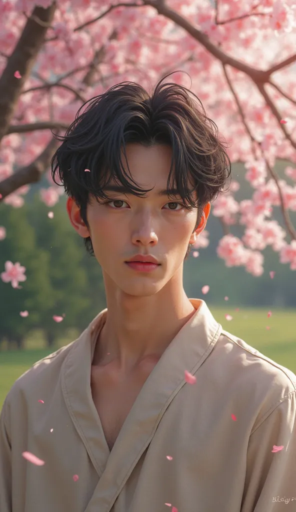 ((photorealism:1.2),  very Handsome japanese man, 22-27 year-old, he is now in Japan, the background with many sakura trees, Spring time, outfit is causel wear 