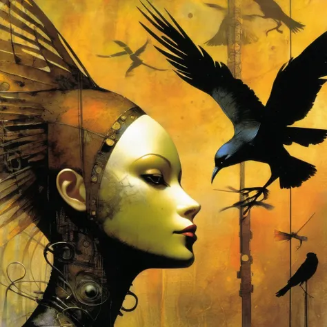 Dave McKean Style - PROMPT or translation and artificial processing from the style of Dave McKean memorable cover illustrations and cover of #1 Art Ex Machina Volume 001 Cover Art By Dave McKean mix of many of them according to and a painted crow_and a fox...