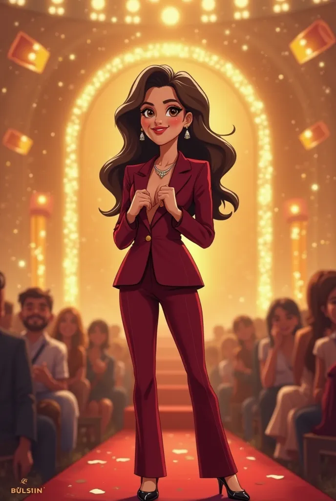 "A tiny figure of a confident girl in a stunning burgundy suit, standing on a stage at a grand celebration, adjusting her outfit with elegance. The background is filled with golden lights, a cheering audience, and elegant decorations. She has a sleek, mode...