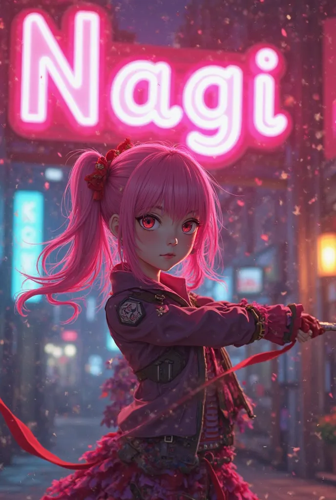  anime cute girl , pink hair, with weapon, neon sign with the word NAGI in pink 