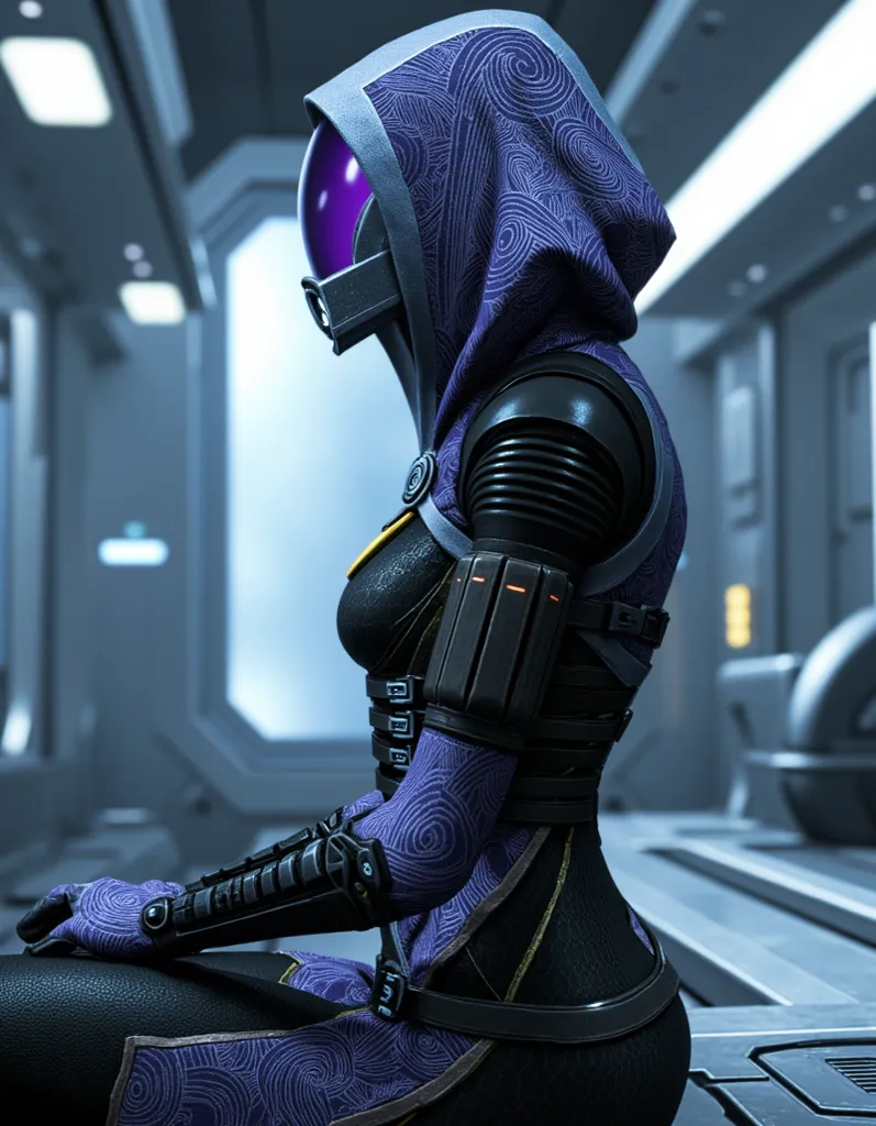 zavy-tlzrh, mask-on, Tali'Zorah is in a high-tech medical bay, sitting on the edge of a diagnostic bed with her mask on. The medical bay is bright and sterile, with advanced equipment around her and soft, white lights reflecting off the metallic surfaces. ...