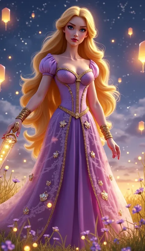 “A Disney-style magical girl version of Rapunzel, dressed in an elegant, form-fitting lavender and gold gown with a layered, flowing skirt that sparkles with glowing magical patterns of flowers and vines. The bodice is sleek with a sweetheart neckline and ...