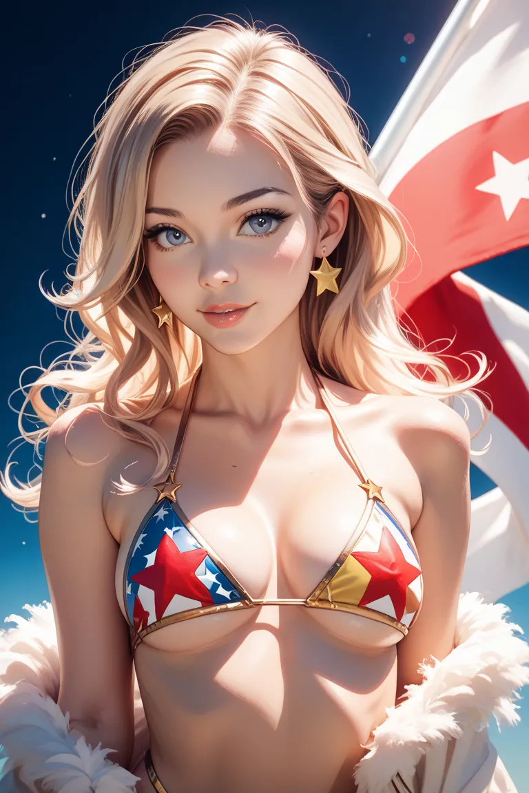 Japanese woman wearing a Star-Spangled Banner bikini under natural light、in a close-up that captures her breasts that are too big and her gentle expression、showing her inner peace and outer charm。