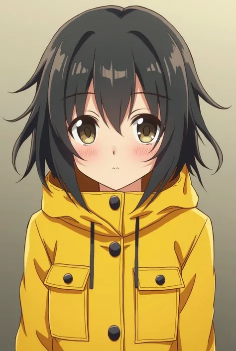 Anime She wore a bright yellow raincoat that went just past her knees, with three buttons, two pockets, and a diamond-shaped hood. Up close, she had messy black bob haircuts with long bangs that completely covered the top of her face, revealing only her po...