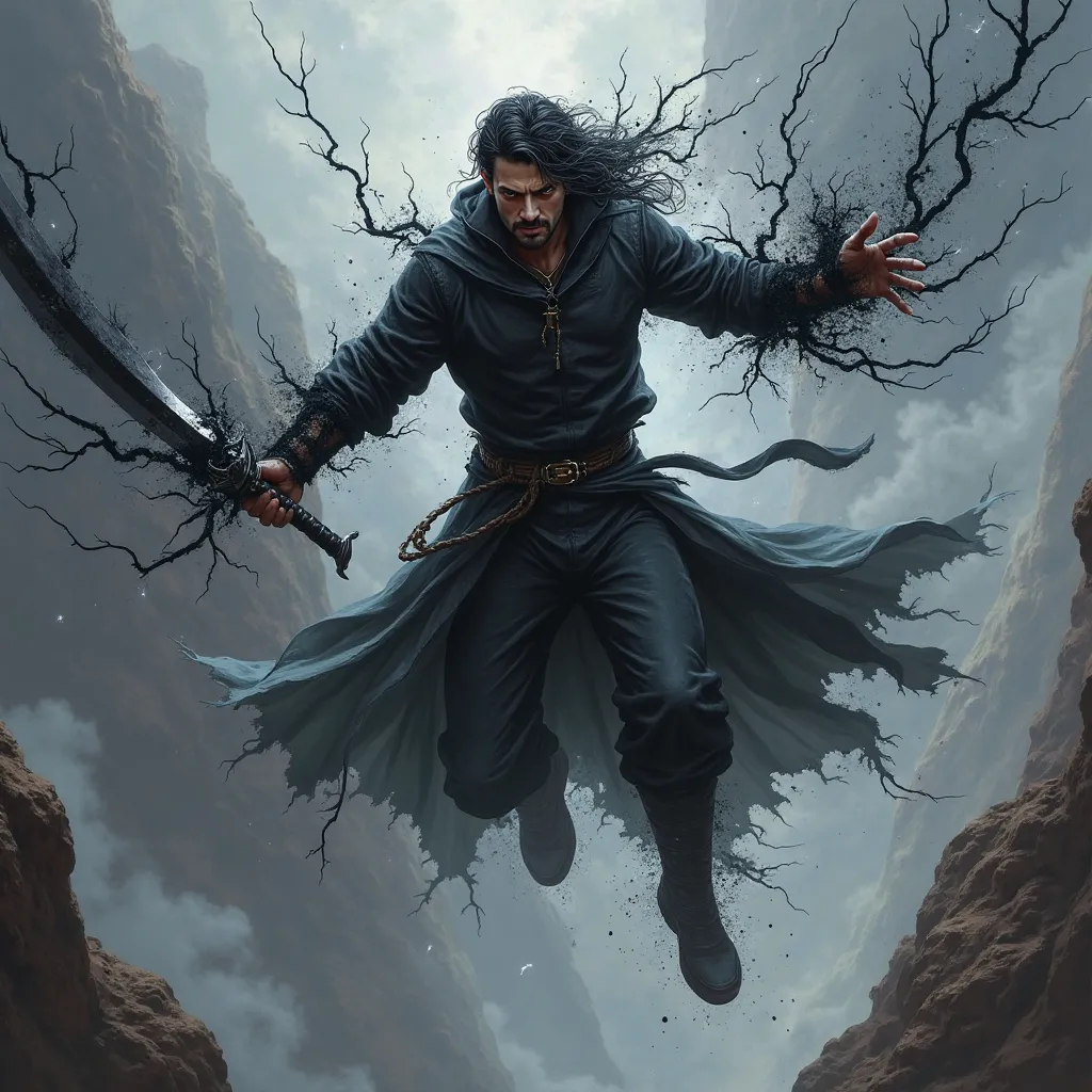 handsome man, devil form, black eye, black warrior outfit, short black hair, black lightning power, out of control power, flying high in the sky by black power, hole black sword, black smoke background, mountain background, realistic, by Li henglong