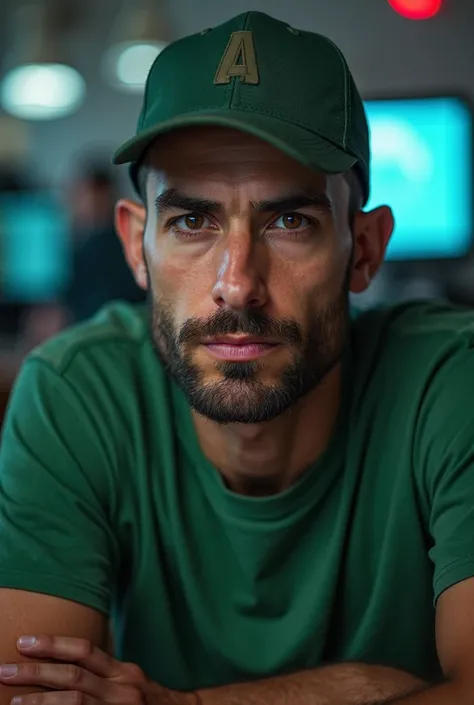 arafed man in a green shirt and cap sitting in front of a screen, tiene una expresión devastada, f 1, rafael, f / 1, serious focussed look, stubble on his face, Images Getty, tx, looking serious, 4k still, 1811, f 1. 2, angry look in his face, f1.2