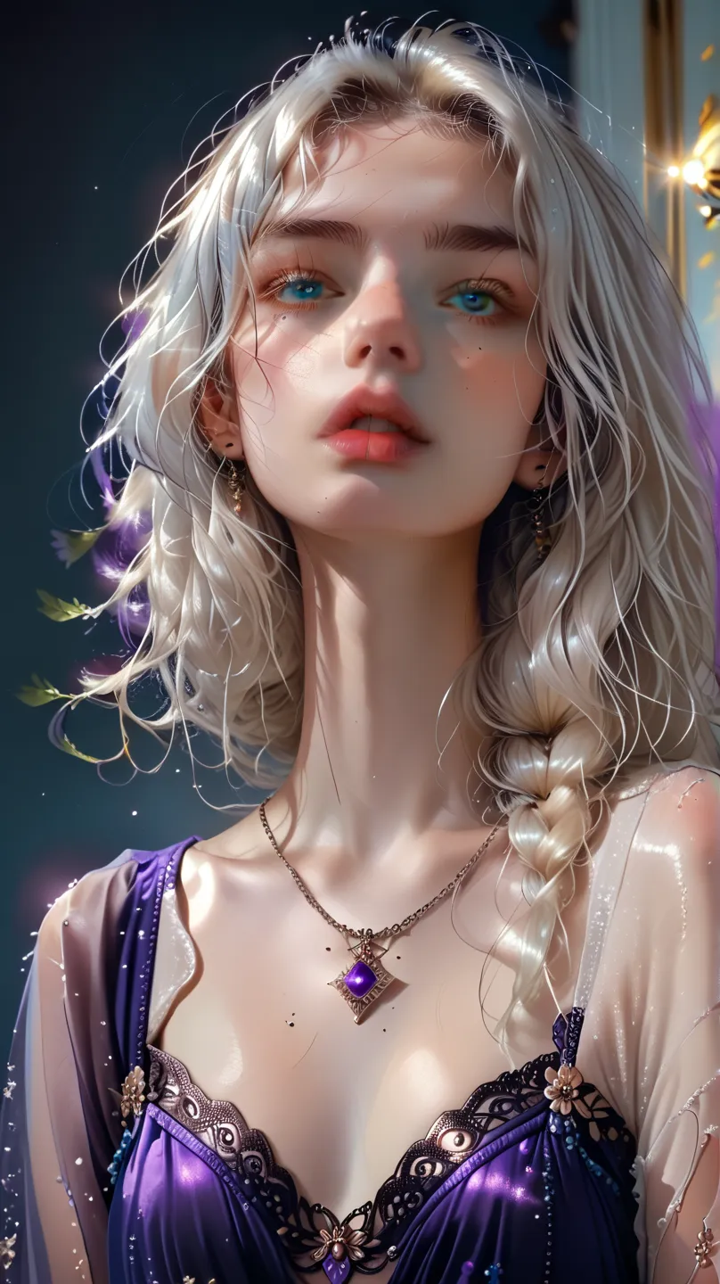 8k, masterpiece,(( half body shot)), highest quality, Ethereal, albino, heterochromia, purple and teal eyes, pale skin, white hair, studio lighting, high detail, photorealistic, FaceApp filter, otherworldly beauty, fantasy character, delicate features, par...