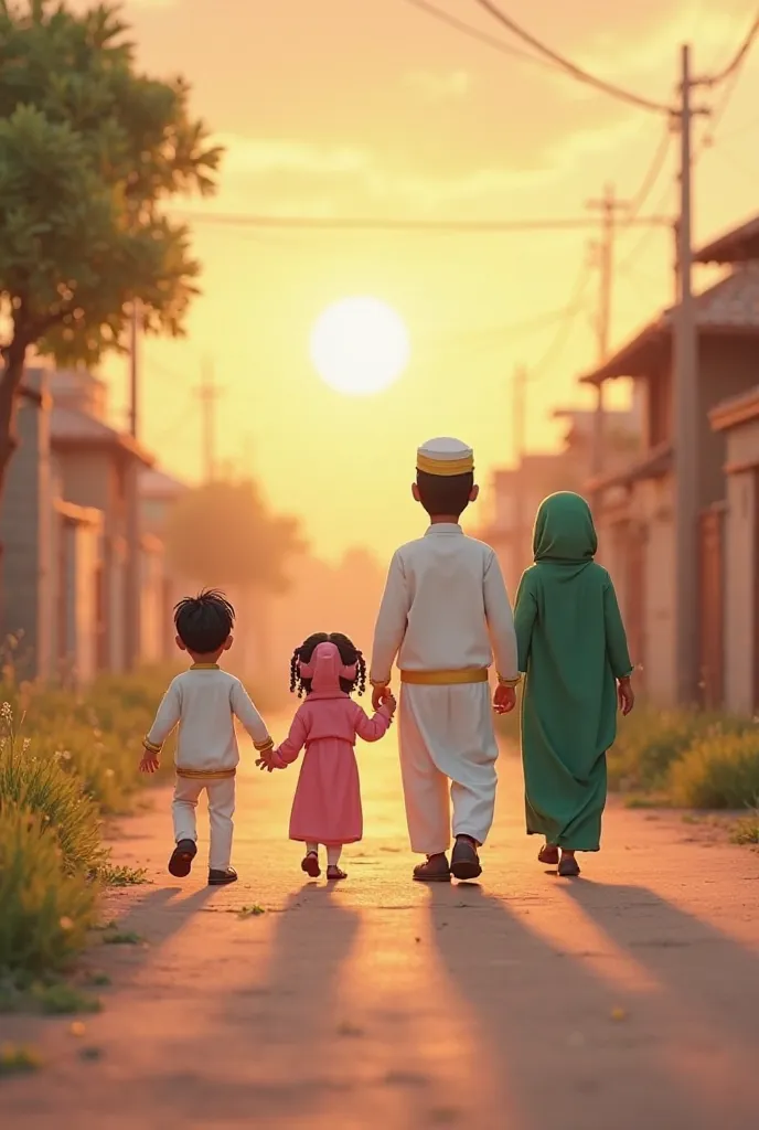 A 3D cartoon-style image showing the family returning home after Fajr prayer in a peaceful village setting. The family of four—Arshan (in his white outfit with gold trim), Kinza (in her pink outfit), their mother (in her green hijab and dress), and their f...