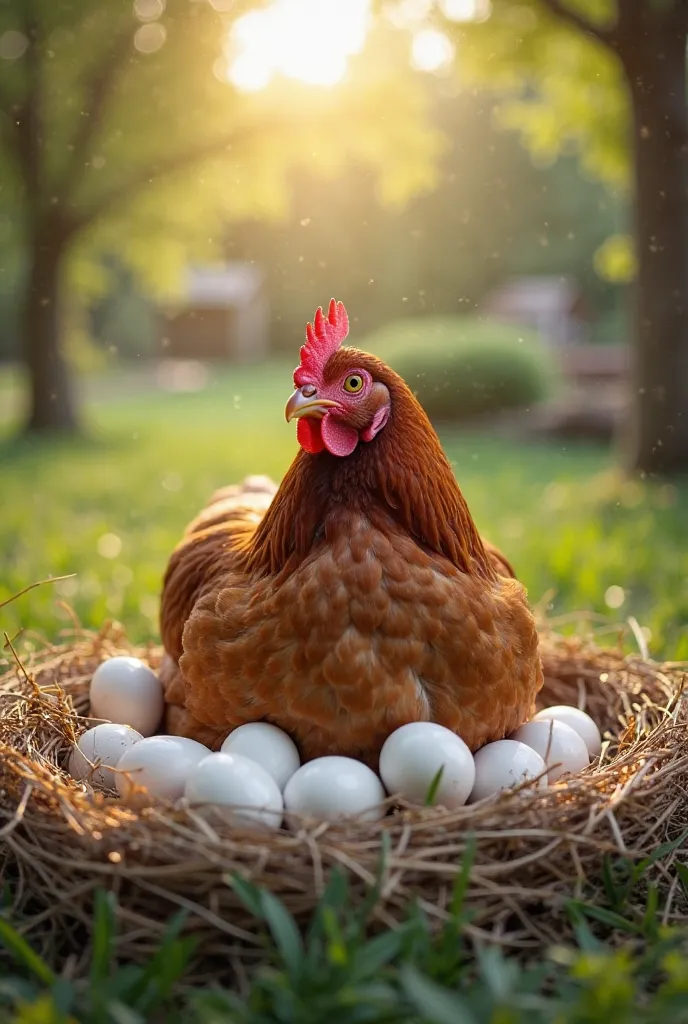 
"A plump, healthy hen sits protectively over her shiny white eggs in a cozy nest. The nest is made of straw and placed on the ground in a lush green farmyard. Sunlight filters through the trees, casting a warm glow over the peaceful setting."