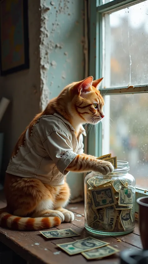 shot from inside a old house where you can see the street from the window and a realistic sad orange cat  (wearing a old dirty white shirt with openings in it) is putting money inside a large glass container , there are a few money bills around the contain...