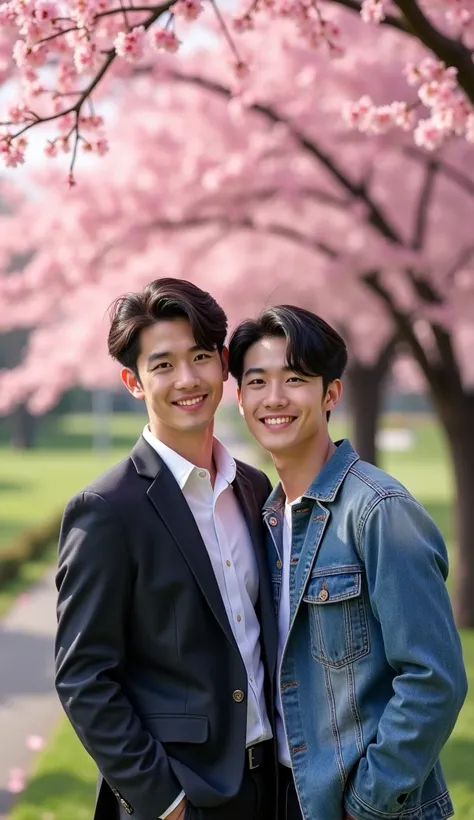 ((photorealism:1.2), 2 very Handsome japanese men, 22-27 year-old, he is now in Japan, the background with many sakura trees, Spring time, outfit is causel wear, happy, Selfie