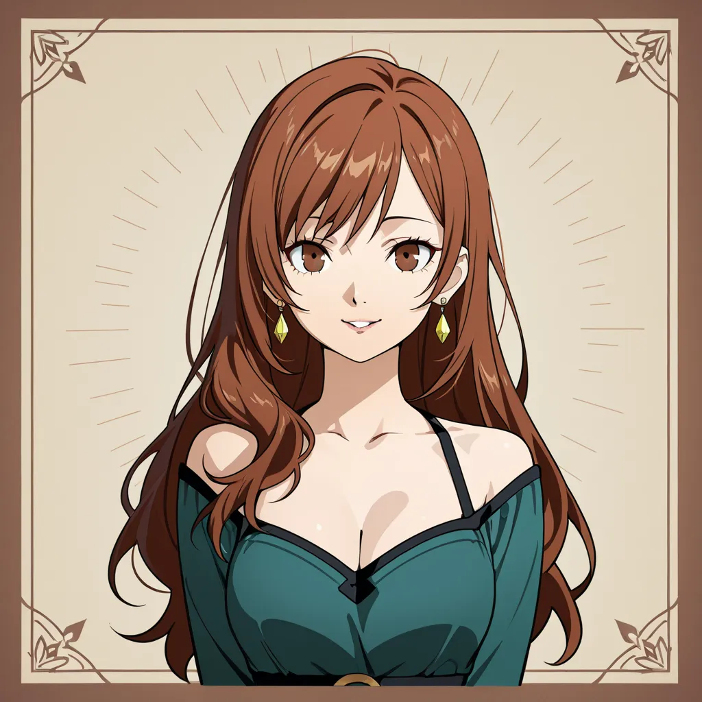 Anime style. 25 years old woman, shown from the torso up. She has long, flowing brown hair cascading over her shoulders. Her eyes are large, expressive, and captivating, drawing attention with their depth and warmth. They convey a sense of kindness and qui...