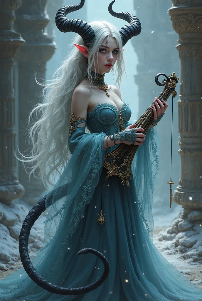 A strikingly enchanting tiefling bard belonging to House Levistus, her lyre in hand, exudes an otherworldly allure. Her devilish heritage of ice is evident in her long, deceptively captivating tail with a bit of red and intricate horns, while her (silver e...