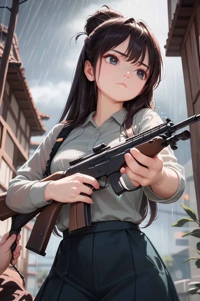 A wilderness like the end of the world。sit。(((Holding a weapon in hand, gripping,Automatic rifle))), dark hair,( long hair up to waist),((open eyes))((((rain)))),gun Fire((closed mouth)),girl,(a petite girl),Realistic Colors and Textures,Extreme low angle,...