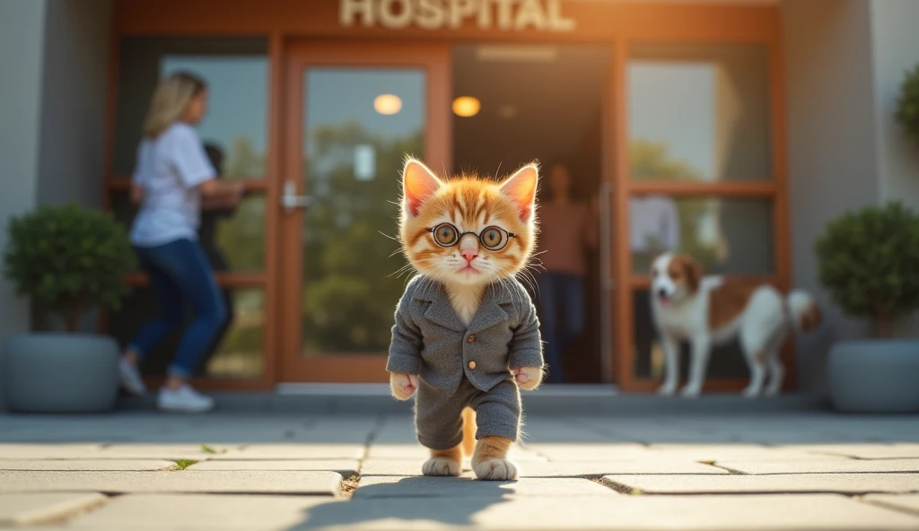 "The small orange tabby kitten with golden eyes, now looking happy and healthy, is stepping out of the hospital entrance. It is still wearing its perfectly fitted grey suit and round glasses, carrying its small bag. The kitten looks relieved and content as...