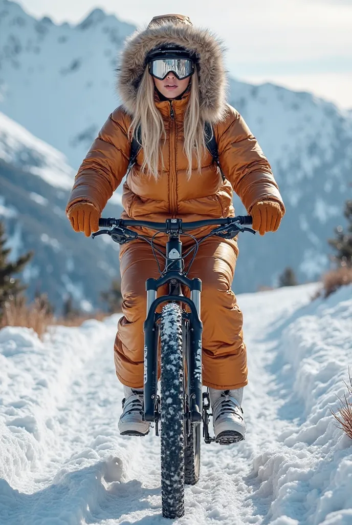 Blonde woman in extremely puffy padded shiny bronze onepiece down suit with very puffy hood and puffy padded mittens, shiny silver thick rubberboots, ski goggles, ride a mountain bike on trail on snowy mountain peak