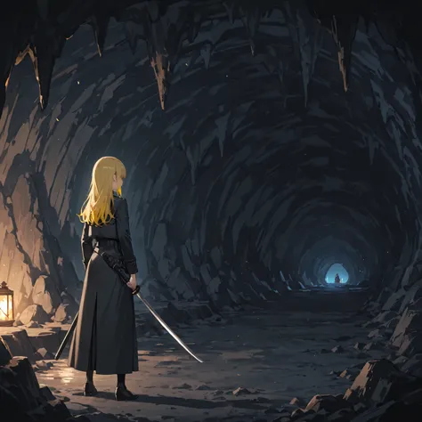 yellow hair, cave, Katana