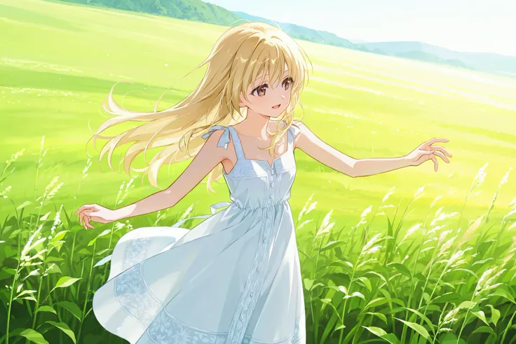 blonde girl with light golden hair, developing in the wind, Dark brown eyes , short white sundress with Slavic patterns, reaches out to the sun, all in the sunlight, field, herbs, a magical wonderful start to the day, spring, green