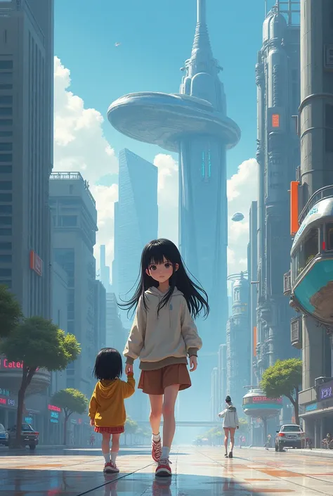 realistic style. Black-haired age girl walking around a futuristic city with a small black-haired girl.