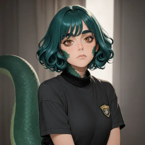 adult girl, with short turquoise wavy bob hair.  amber eye color , wide eyebrows. fair skin. On the cheekbones, Shoulders, elbows have scales, like a lizard. there's a big tail, like a lizard. Sports. In a dark sweater with a collar and short sleeves, wear...