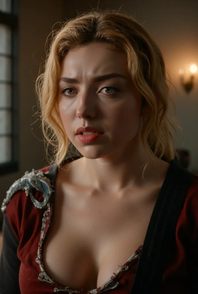 Peyton List:1.4, looking at camera neutral expression in a sexually teasing manner, (((portrait of Peyton List, massive breast cleavage, dark red silver color open chest royal outfit In a Game of thrones))), beautiful long copper orange colour hair bun tuc...