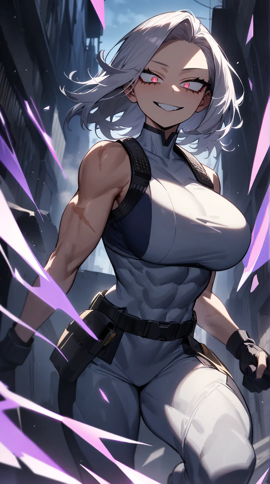 1teenager, female focus,athletic body, tall, fair skin,slick back silver hair short length,hazel eyes,boku no hero academia,eyes on camera, masterpiece, best quality, very aesthetic,scar crossing the eyes,abs, scars on body, big breast,shattered mirrors,ey...