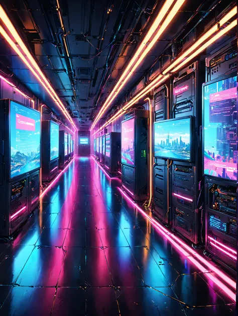 landscape, landscape only, future, cyberpunk world, room, server room, monitor, neon monitor, neon lights, cyber board