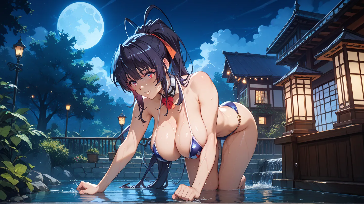 Akeno Himejima, UHD, black hair, long hair, big breasts, wearing a two-tone floss bikini,  at night, recumbent en un muelle de un lago, pose sexy,  Totally wet, recumbent,  squeezing her breasts with her hands, full body, from behind, bend over,