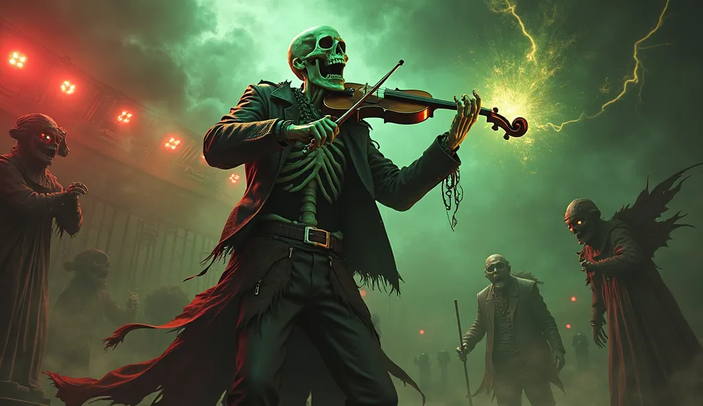 A skeleton wearing a leather jacket and chains plays a violin that burns in green flames in the middle of a stage surrounded by gargoyles and fire. His open jaw seems to scream with every note, while flares of energy explode with every movement of the arc....