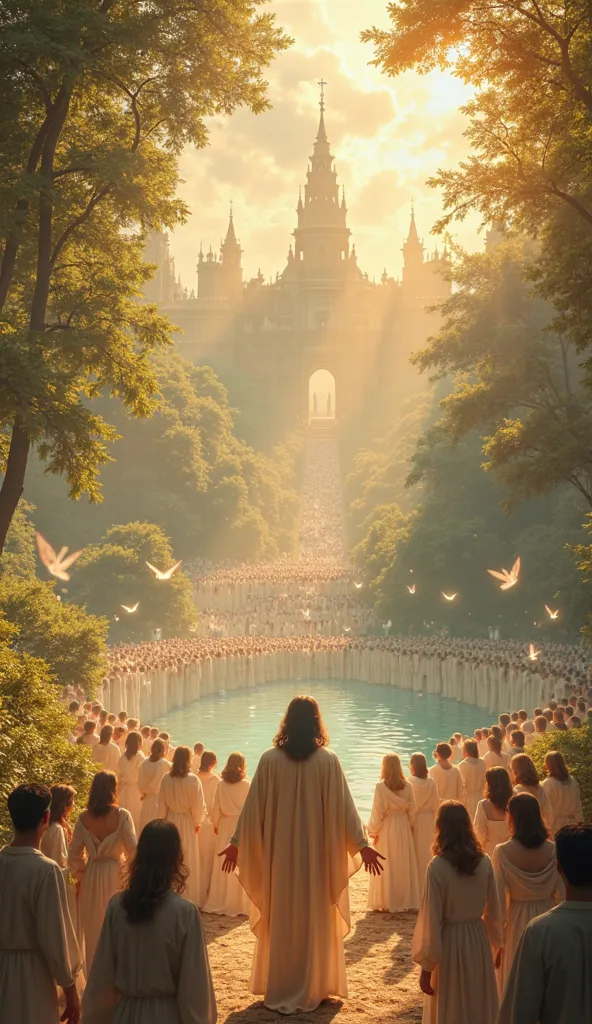 A breathtaking scene of paradise with a serene lake surrounded by lush, fruit-bearing trees. A majestic palace is visible in the background, slightly distant but clearly noticeable. Jesus Christ stands in the center, looking handsome with shoulder-length l...